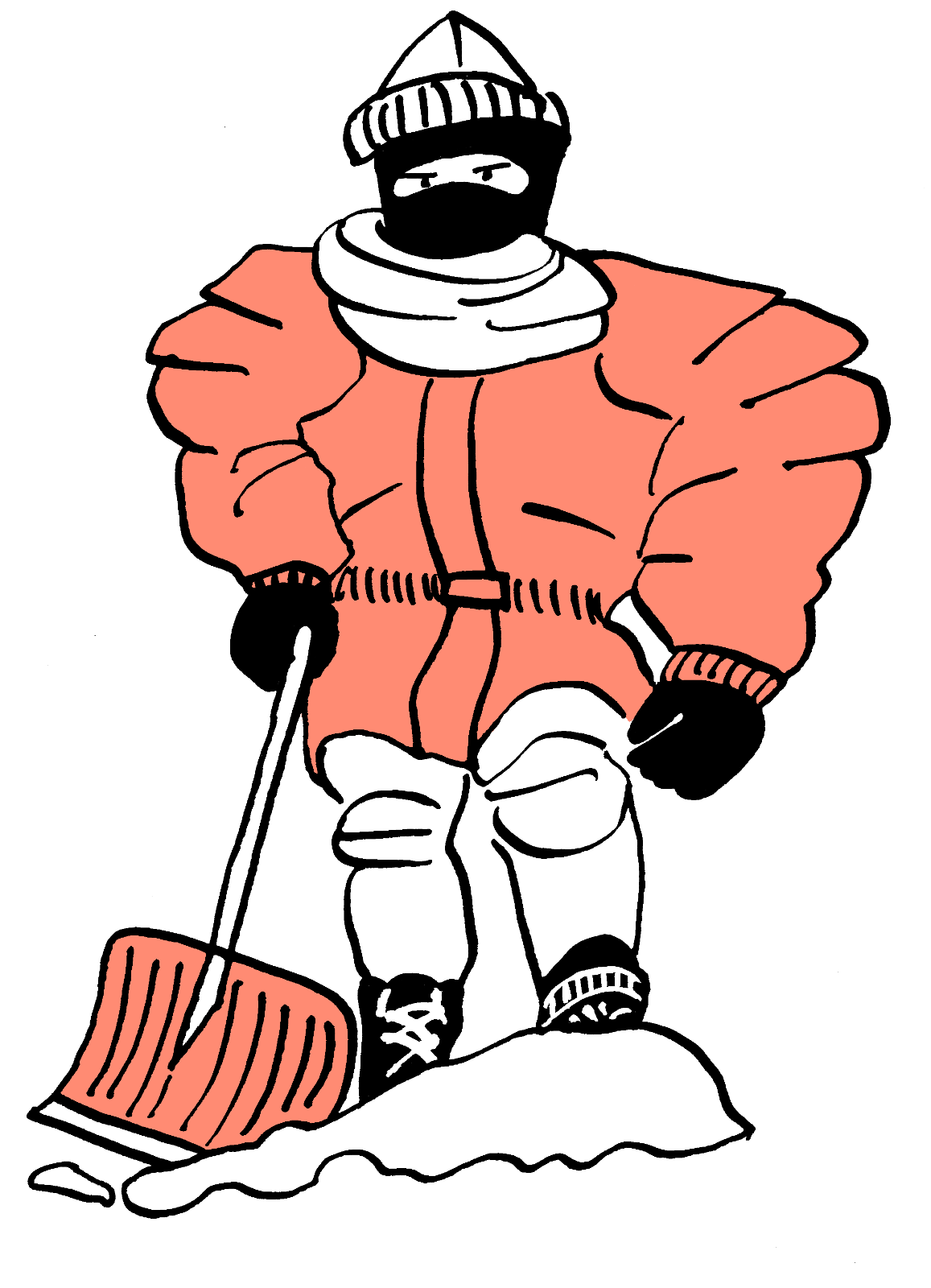 Illustration of a person in a snow suit and balaclava holding a snow-showel